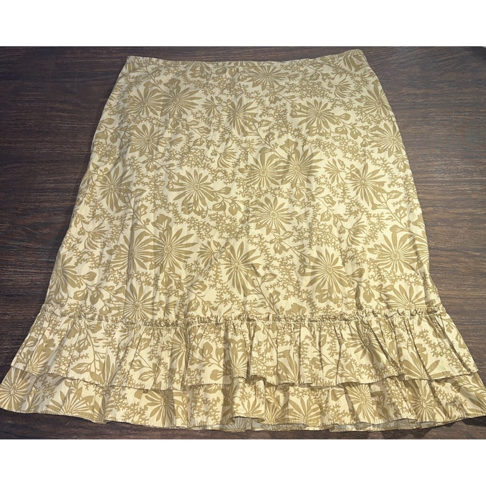 Vintage Y2K Old Navy Women's 14 Knee Length Tiered Hem Skirt Cotton Tan Floral